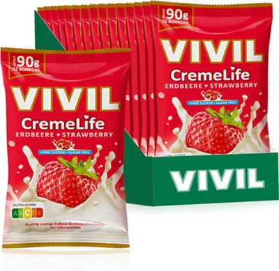 A display of VIVIL CremeLife strawberry flavored sugar-free candies in their packaging.