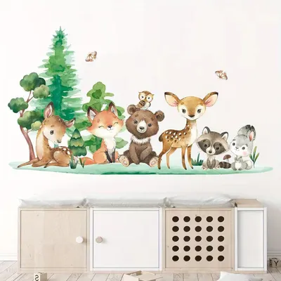 Produktbild von Wandsticker Kinderzimmer Waldtiere Braunbär Hirsch Hase Baum Wandtattoo Selbstklebend Abnehmbar Babyzimmer Tier Wanddeko