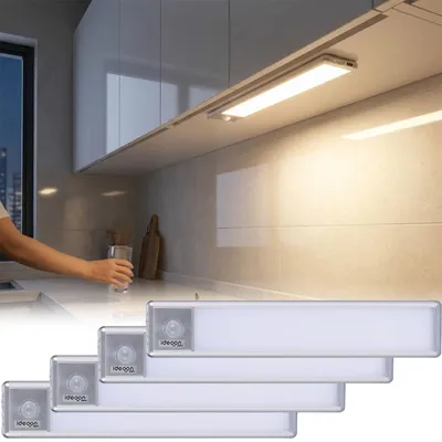 Produktbild von 4er-Set Flache Akku LED-Lichtleiste, 20,5cm mit Bewegungssensor: Kabellos, hell & energiesparend – Perfekt für Schrank, Flur & Küche