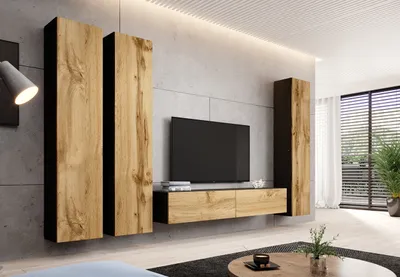 Produktbild von Wohnwand Wohnzimmer - Set Schrankwand VIGO 1G schwarz / eiche wotan 4tlg mit hängendem TV-Schrank und Hängeschränke 300cm breit