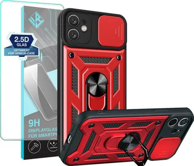 Produktbild von Armor Handyhülle für Apple iPhone 11 mit 9H Displayglas Displayschutz Kameraschutz Handy Panzer Case Cover Schutzhülle Outdoor Farbe: Rot