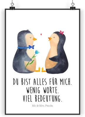 Produktbild von Mr. & Mrs. Panda Bild Pinguin Pärchen DIN A3 - Weiß - Geschenk, Liebe, Hochzeitstag, Kunstdruck, Wandbild, wanddeko, drucke, Hochzeitsgeschenk, Plakat, Hochzeit