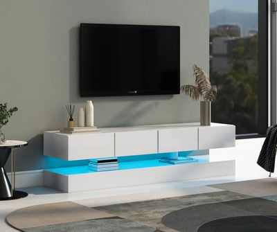 Fortuna Lai TV Lowboard mit LED-TV Schrank Wandmontierter Lowboard Fernsehschrank mit  2 Schränken und 4 großen Schubladen Weiß 130*33*15cm