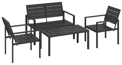 Produktbild von Gartenmöbel Set Sitzgruppe für 4 Personen Gartenlounge mit 2er Sofa 2 Sessel Beistelltisch Lamellendesign Schwarz