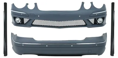 Imagen del producto de Kit de carrocería para Mercedes Clase E W211 (2006-2009), estilo E63, que incluye faldones laterales y parachoques con luces antiniebla.