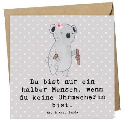 Produktbild von Mr. & Mrs. Panda Grußkarte Uhrmacherin Herz - Grau Pastell - Geschenk, faltkarte, anlasskarte, Klappkarte, Glückwunschkarte, doppelkarte