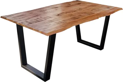 Produktbild von Esstisch Baumkante Massiv Mango naturfarben 140 x 80 schwarz V-Gestell DORA