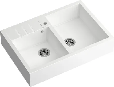 Produktbild von QUADRON Spülbecken 2-Becken Spüle | Größe: 90 x 62 x 20,5 cm | BILL 120 | Granitspüle aus GraniteQ mit Siphon | Weiß + Stahl PVD