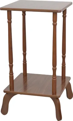 A wooden side table with a square top and a lower shelf, supported by four turned legs.