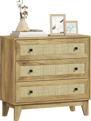 Produktbild von Kommode - 3 Schubladen - Holz mit Rattan-Fronten im Wiener Geflecht - Boho minimalistisch - Für Schlafzimmer - 80 x 35 x 76 cm - Natur
