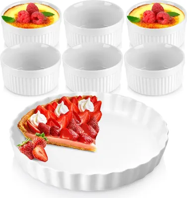Produktbild von Vilde | Springform Rund Set - Tartform - 24,5 cm + 6 Auflaufförmchen - Weiß - Keramik - für Tarte und Aufläufe