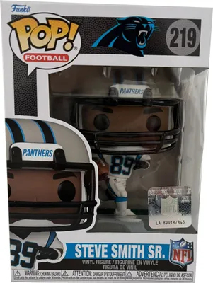 A Funko Pop! vinyl figure of Steve Smith Sr. in his Carolina Panthers uniform, displayed in its original packaging.