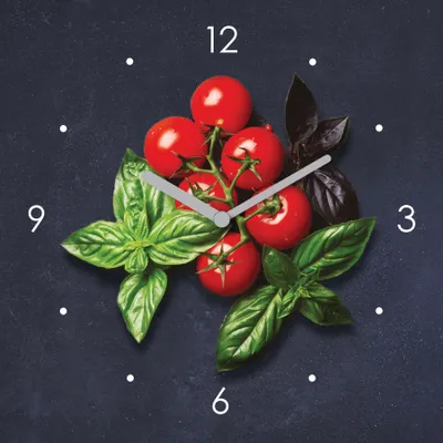 Produktbild von Wanduhr Glas 20x20cm Tomate Basilikum Uhr Glasbild Küche Küchenbild Deko