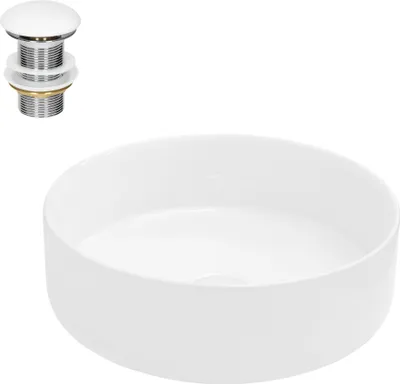 Produktbild von LuxeBath Waschbecken Aufsatzwaschbecken Rund, Ø 35,5x12 cm, Weiß, aus Keramik, inkl. Ablaufgarnitur ohne Überlauf