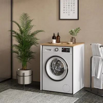 A washing machine cabinet in a bathroom setting with a plant and towels.