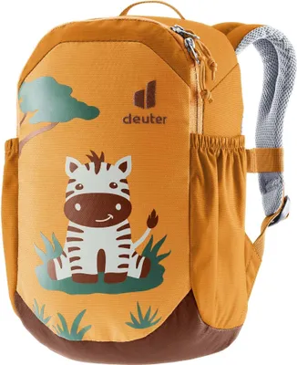 A children's backpack with a zebra and tree graphic.