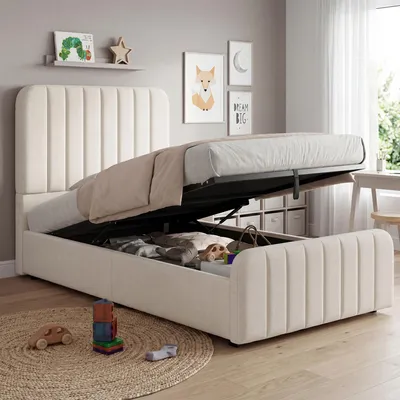 Produktbild von Merax Kinderbett Polsterbett 90x200cm mit hydraulisches Stauraum, Bett mit Lattenrost, Einzelbett mit gepolstertem Kopfteil, Leinenstoff, Beige