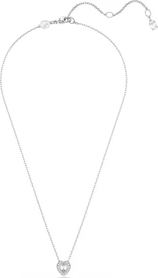 A silver necklace with a heart-shaped pendant is displayed on a white background.