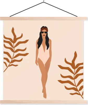 Produktbild von MuchoWow® Textilposter Sommer - Badeanzug - Blätter 40x40 cm mit holzfarbenen Rahmen - Posterleiste