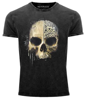 Produktbild von Herren Vintage Shirt Bedruckt Totenkopf Totenschädel Skull Tattoo Tribal Printshirt T-Shirt Aufdruck Used Look Neverless® schwarz M