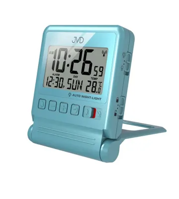 A light blue digital alarm clock with a foldable stand is shown against a white background.