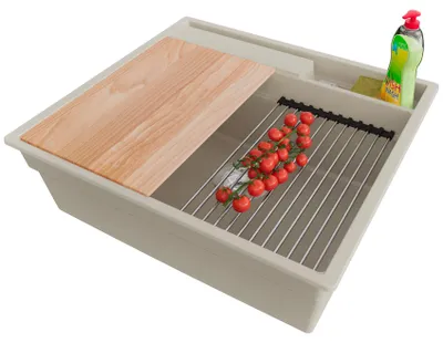 Produktbild von PRIMAGRAN Spülbecken Beige 58x53cm, Granitspüle 1 Becken + Ablauf-Set + Küchenzubehörset, Küchenspüle ab 60er Unterschrank - Oslo Pocket