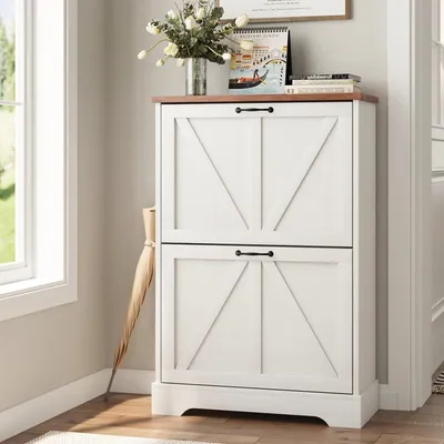 Immagine prodotto di Armadio per scarpe con 2 cassetti a ribalta, stile rustico, bianco, larghezza 60 cm