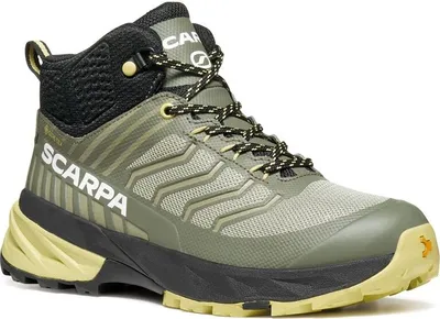 Wanderschuh für Kinder "Rush Mid Kid GTX" von Scarpa in Olivgrün mit schwarzem Schaft und gelben Akzenten.