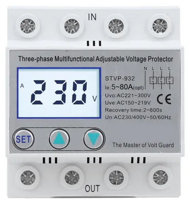Immagine prodotto di Protezione da sovratensione regolabile, LCD trifase, multifunzionale, autoripristinante, STVP-932, 230 V, 400 VAC (63 A)