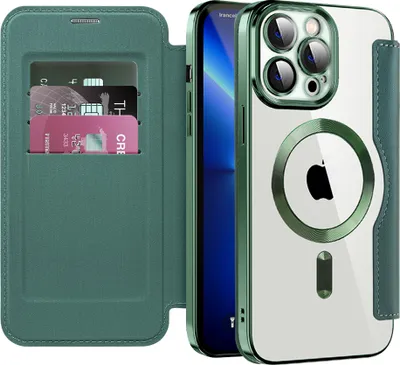 Produktbild von Klapphülle für iPhone 13 Pro Max Kompatibel mit Magsafe, Klar Überzug Kartenhalter Ledertasche mit Kameraschutz Grün