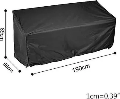 A black garden bench cover with dimensions indicated by lines and text.