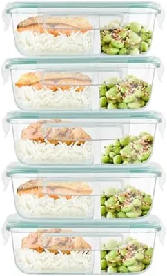 Productafbeelding van PromoHome® glazen containers voor maaltijdvoorbereiding - set van 5 stuks met compartimenten, 600 ml, BPA-vrij, geschikt voor magnetron en vaatwasser