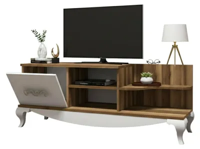 Produktbild von Fernsehschrank Dporrin, Ständer für Wohnzimmerfernseher, Niedriges Wohnzimmer-Sideboard, TV-Ständerbasis, 130x45h51 cm, Walnuss und Weiß