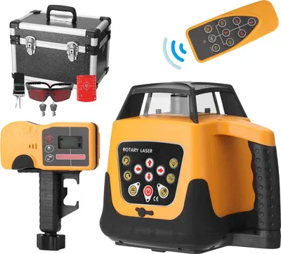 Zdjęcie produktu dla Niwelator laserowy – laser obrotowy – samonivelujący – laser czerwony 635 nm – zasięg 500 m – regulowana prędkość i kąt – bez akumulatora – żółty