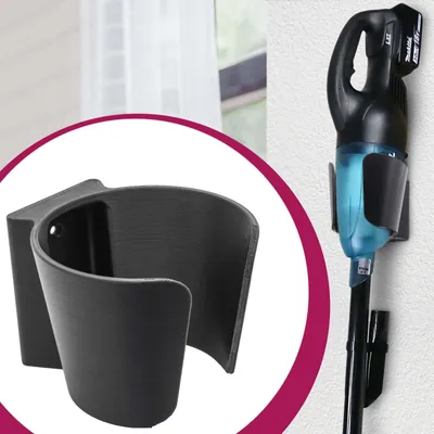 A product collage showing a black vacuum cleaner wall mount and a black and blue cordless vacuum cleaner attached to a similar wall mount on a textured wall.