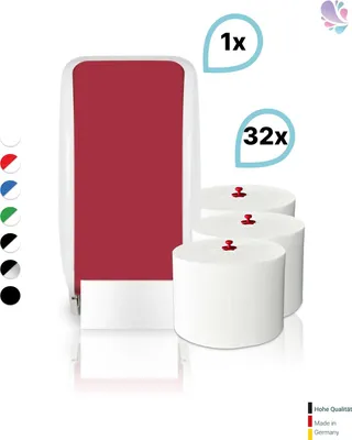 Produktbild von SET: 1x Toilettenpapierspender Doppelrollen Blanc Cosmos verschied. Farben + 32 Toilettenpapierrollen Long Life 3L - PRODUKTSET : Farbe - Rot / Weiß Farbe: Rot / Weiß