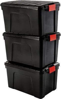 Image de Boîte en plastique noire de 60 litres avec couvercle et fermeture à clip, empilable, ergonomique