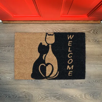 Produktbild von Relaxdays Fußmatte Kokos, 60 x 40 cm, mit Katzen & Spruch Welcome, gummiert, innen und außen, Türvorleger, natur/schwarz