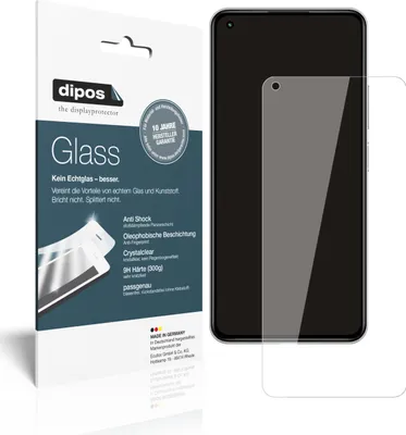 A product package for a screen protector is shown next to a smartphone with the screen protector applied.