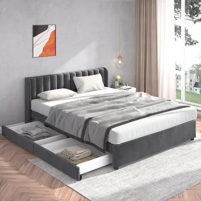 Zdjęcie produktu dla Łóżko tapicerowane, 180 x 200 cm, z szufladami, stelażem, idealne do pokoju dziecięcego i młodzieżowego, obicie z weluru, kolor: szary
