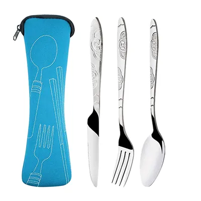 A set of stainless steel cutlery with a blue carrying case.