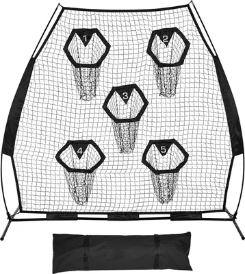 Zdjęcie produktu dla Siatka do rzucania i celowania w futbolu amerykańskim – trenażer podań dla rozgrywającego – 5 toreb do celowania – wymiary 226,5 x 106 x 210 cm – składana, z torbą do przenoszenia – regulowane paski – kolor czarny