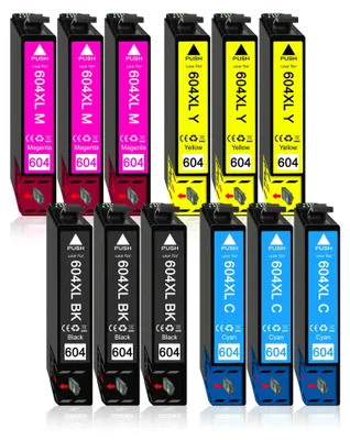 A collection of printer ink cartridges arranged in rows.