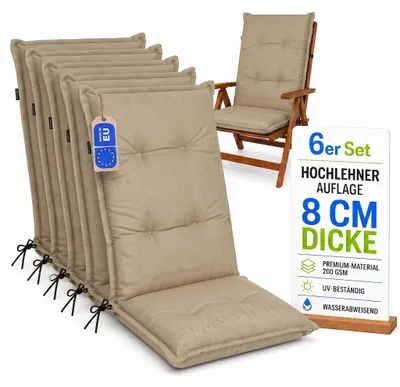 Zdjęcie produktu dla Pillows24 - 6x poduszki z wysokim oparciem 120x50x8 cm | Pikowane, odporne na warunki atmosferyczne poduszki na krzesła ogrodowe | Poduszka na siedzisko do mebli ogrodowych | Wyprodukowano w UE | Cappuccino