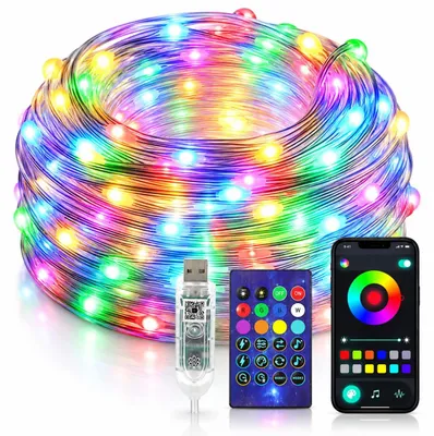 Lichtsnoer 10 m, 100 LED RGB, USB-Stromversorgung, Fernbedienung