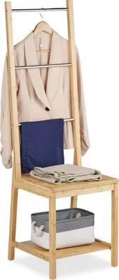 Immagine prodotto di Relaxdays Valletto da bagno con ripiano, bambù, acciaio inossidabile, L x P x A: 133 x 40 x 42 cm, appendiabiti, portasciugamani, naturale/argento