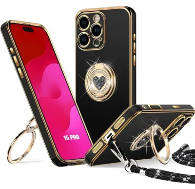 Image de Coque pour iPhone 15 Pro, Protection Ultra Slim Silicone avec Anneau Motif Coeur et Cordon - Noir