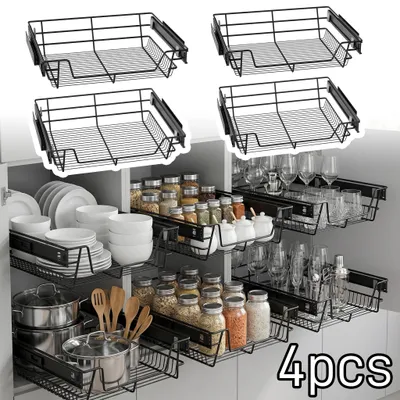 Obrázek produktu pro UISEBRT 4X Výsuvný košík do regálu, vhodný do skříněk o šířce 60 cm, šířka košíku 57 cm, železná zásuvka do kuchyňské skříňky s teleskopickou kolejnicí, černá
