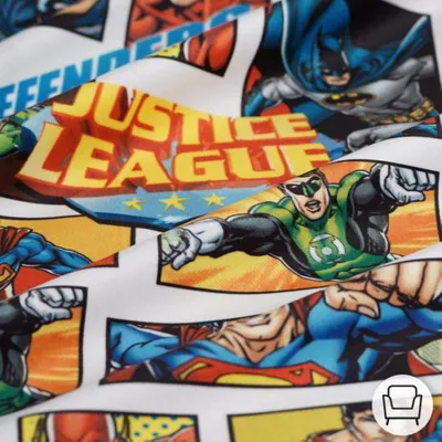 Produktbild von Samtstoff Justice League mit Superman, Batman, Flash, Green Lantern Motiven, Weiß, Polyester, 145 cm