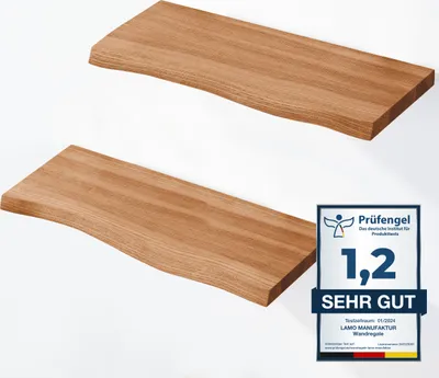 Two wooden shelves are displayed against a white background, with a product rating badge in the lower right corner.